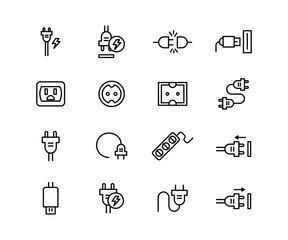 Wall Mural - Vector black line icon set plug connection. Symbol cable technology power connect computer and cord equipment. Network device pictogram switch and collection mains outlet hardware