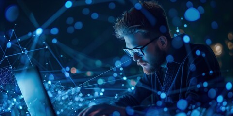 Man on a laptop with dynamic digital network graphics overlay.