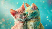 Two Adorable Cats Kissing Touching Each Other With Their Heads Eyes Closed Sitting On A Soft Blue Background With Light Bokeh. Love Concept