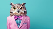 An Adorable Owl Dressed In A Pink Suit And A Purple Bow Tie. Perfect For Adding A Touch Of Whimsy To Any Project Or Design