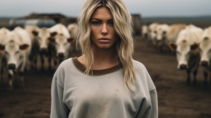 Wall Mural - A woman stands confidently in front of a large herd of cows. This image can be used to depict strength, courage, and a connection with nature