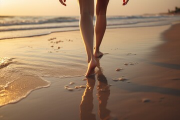 Wall Mural - A woman walking on the beach at sunset. Perfect for travel or relaxation-themed projects