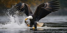 A Powerful Bald Eagle Swoops Down And Catches A Fish In The Water. Perfect For Nature Enthusiasts And Wildlife Photographers