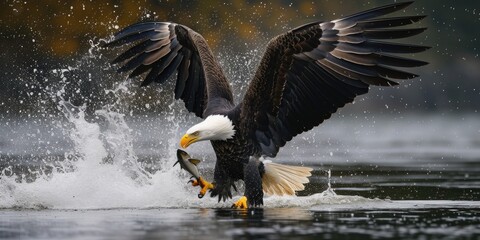 A powerful bald eagle swoops down and catches a fish in the water. Perfect for nature enthusiasts and wildlife photographers