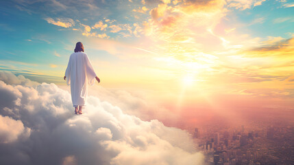 jesus christ stands in heaven with clouds at dawn and watches and blesses a large modern city with s