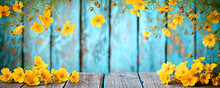 Yellow Flowers On Vintage Wooden Background, Border Design. Vintage Color Tone - Concept Flower Of Spring Or Summer Background