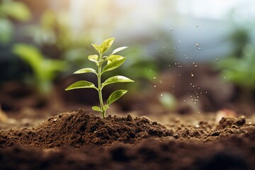 Wall Mural - A small plant is seen sprouting out of the ground. This image can be used to depict growth, new beginnings, or the concept of nature's resilience