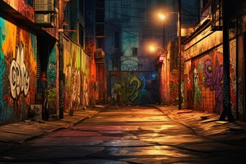 Wall Mural - A picture of a dark alley with graffiti on the walls. This image can be used to depict urban decay or as a background for gritty city scenes