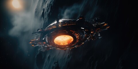 Canvas Print - a space station floating in the sky, illuminated by a vibrant orange light. perfect for futuristic a