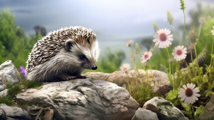 Wall Mural - A hedge sitting on top of a rock surrounded by beautiful flowers. This image can be used to showcase the beauty of nature and the contrast between the natural elements