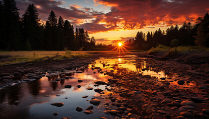 Wall Mural - Tranquil sunset reflects vibrant beauty in nature generated by AI