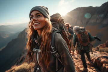 Canvas Print - A diverse group of hikers reaches the summit of a challenging trail, their shared achievement and exhausted smiles capturing the camaraderie of conquering obstacles together.  Generative Ai.