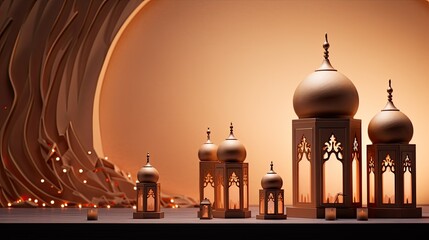 an eid mosque with little lanterns in the background, in the style of light bronze and light beige