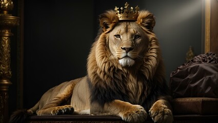 portrait of a lion wearing a royal gold crown on his head and looking at the camera in a majestic position, on a black background.