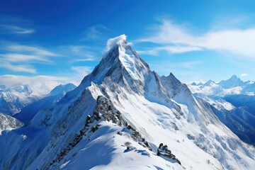 Wall Mural - A snowy mountain peak against a clear blue sky, offering a serene and majestic background for text associated with winter and mountain adventures. Generative Ai.