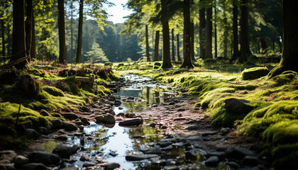 Poster - Tranquil scene of a green forest in autumn generated by AI