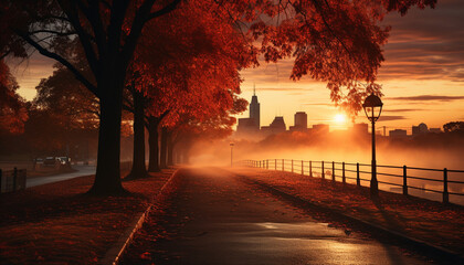 Poster - Autumn dusk, cityscape silhouette, skyscraper illuminated, yellow leaf generated by AI