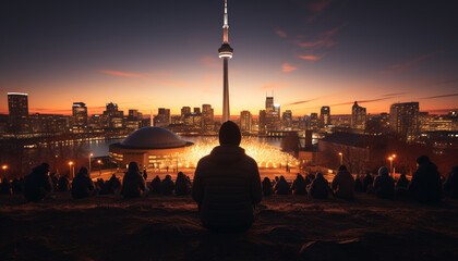 Poster - Night skyline, famous buildings, illuminated city life generated by AI