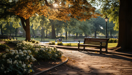 Wall Mural - Autumn tree, leaf, bench, sunlight, forest, footpath generated by AI