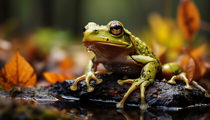 Canvas Print - A cute toad sitting on a wet leaf generated by AI