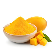 Close Up Pile Of Finely Dry Organic Fresh Raw Kesar Mango Powder Isolated On White Background. Bright Colored Heaps Of Herbal, Spice Or Seasoning Recipes Clipping Path. Selective Focus