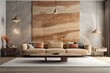© Lasvu - Contemporary style interior with sofas, decorations, and a wall panel made of wood and stone. mockup for an illustration