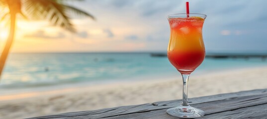 Refreshing tequila sunrise cocktail in tropical setting with blurred beach background and copy space