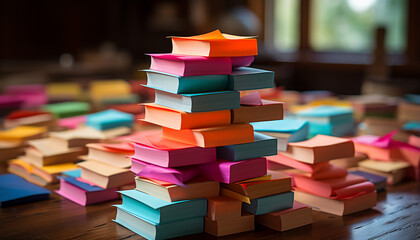 Poster - Stack of books on a wooden bookshelf, symbolizing education and learning generated by AI