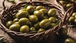 freshly picked green olives in a basket, on an old wooden table 
