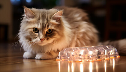 Wall Mural - Cute kitten sitting, staring, playing with toy, fluffy fur generated by AI