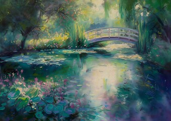  bridge pond deep lilies trees dreamlike light incidence bright empress swirling gardens heavens gate stands easel