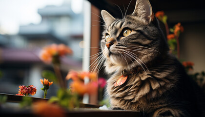 Wall Mural - Cute kitten sitting outdoors, looking at nature through window generated by AI