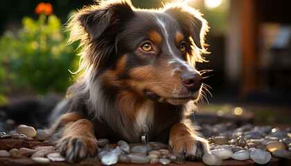 Canvas Print - Cute puppy sitting outdoors, looking at camera, playing on grass generated by AI