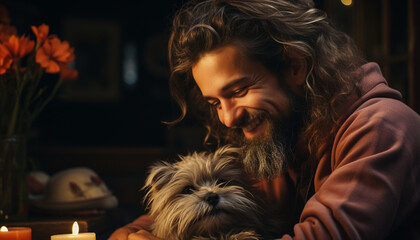 Canvas Print - Smiling men embracing cute puppy, enjoying love and togetherness generated by AI