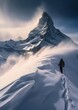 skiers walking snowy mountain background man covered snow zoomed out standing cloud cold breath right pathway upwards