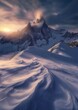 snowy mountain sun setting behind phenomenal north pole diffuse magic ice blizzard chilean foreground morals dynamic closeup early dawn