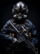portrait of a special forces soldier with assault rifle and gas mask