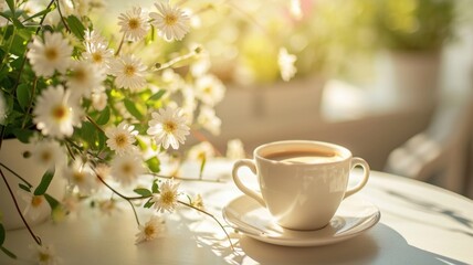 cup of coffee on the white table on the light kitchen in the morning on the summer flower background