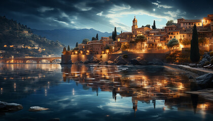 Sticker - Ancient cityscape illuminated by sunset, reflecting in water generated by AI