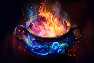 cauldron with a magic potion, colorfully hand drawing sketch, swirling colors.