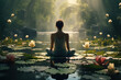 © Sebastian - A person meditating in a tranquil garden, surrounded by floating lotus flowers against a calm background, conveying inner peace and mindfulness. Concept of meditative serenity. Generative Ai.