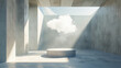 Futuristic Urban Scene: Abstract Render of Empty Room with Levitating Cloud and Concrete Architecture