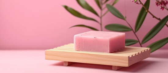 Sticker - Modern and safe skincare products with cute pink organic soap on a natural wood soap dish on a pink background.