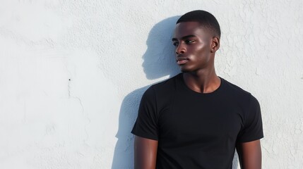 Poster -  a male Model wearing a Bella+Canvas 3001 Black T-shirt for a mockup, standing by a pool 