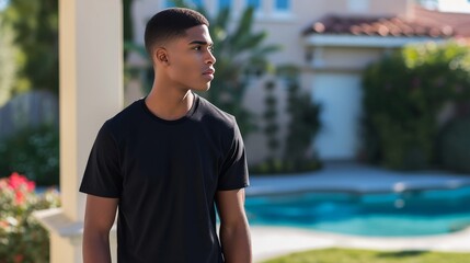 Sticker - a male Model wearing a Bella+Canvas 3001 Black T-shirt for a mockup, standing by a pool 