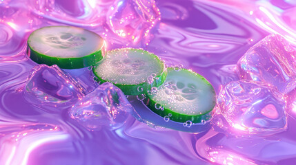 Sticker -  a couple of cucumber slices sitting on top of ice cubes on a purple and pink liquid background.