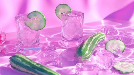 Poster -  three glasses with cucumber slices and ice cubes on a pink surface with a flower in the background.