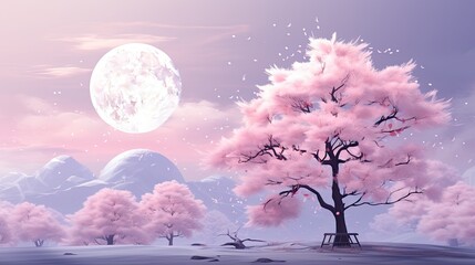 Wall Mural - pink tree illustration. moon night. Generative AI