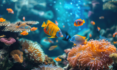 Wall Mural - Vibrant tropical fish swimming in a coral reef aquarium
