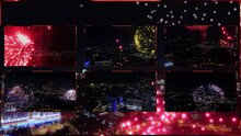 Collage With Fireworks Explodes Above Illuminated Megalopolis